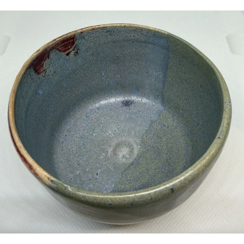 Handmade Studio Pottery Matcha Tea Bowl Chawan Signed Tri-Color Drip Glaze